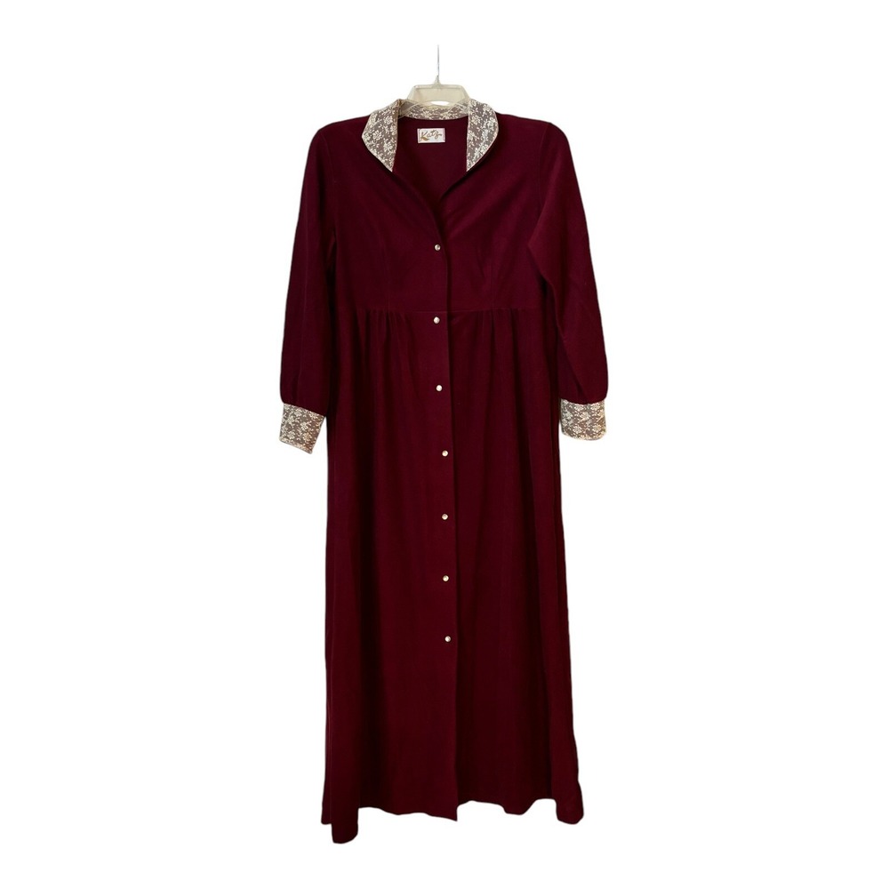 Katz Robe Womens Large Burgundy Velvet Lace Collar‎ & Cuffs Snap Front Pockets
